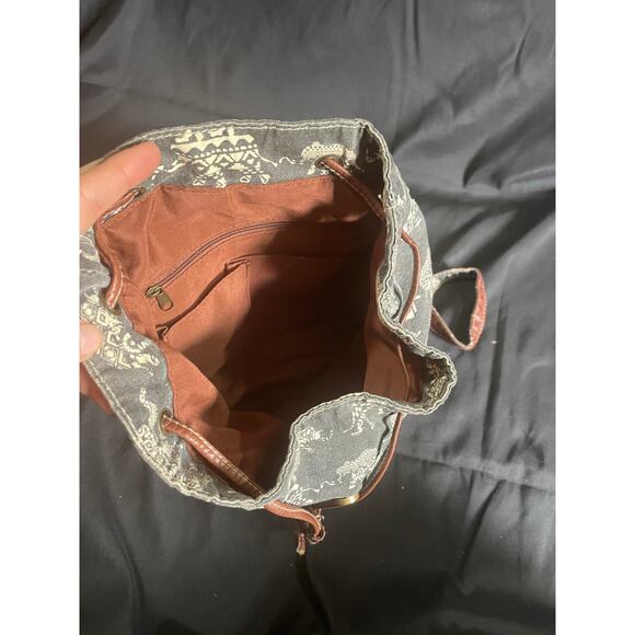 ELEPHANT PRINT BACKPACK, BLUE CANVAS, TAN FAUX LEATHER DETAIL, POCKETS - Picture 4 of 7